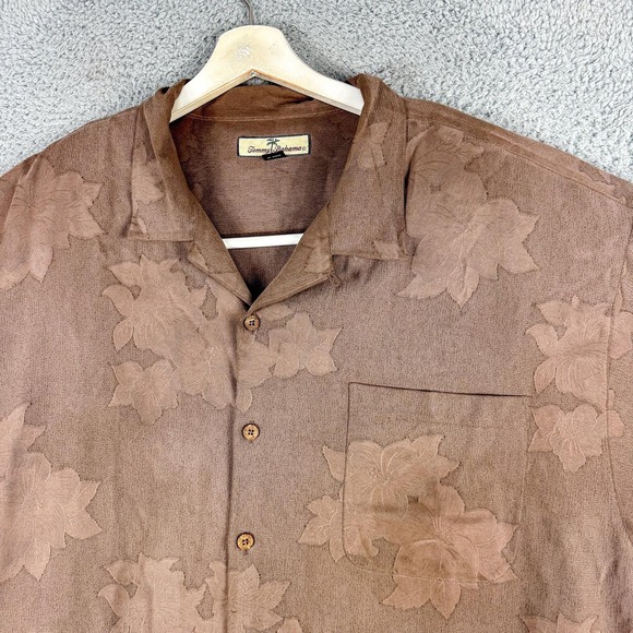 Tommy Bahama Shirt‎ Mens 2XL Brown 100% Silk Tonal Floral Hawaiian Aloha Camp - Picture 3 of 13